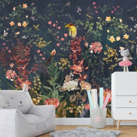 Carta da parati o murale disegno vintage fiori e uccelli