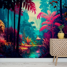 Carta da parati illustrazione moderna colorata giungla tropicale