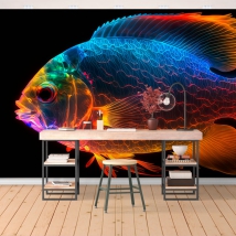Carta da parati o murale illustrazione giovanile di pesci rossi di colore al neon