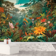 Carta da parati o murale giungla tropicale disegno con fiori e uccelli per i giovani
