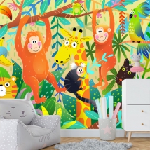 Carta da parati o murale animali che disegnano bambini nella giungla scimmie giraffa pantera