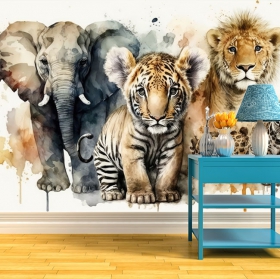 Carta da parati o murale illustrazione ad acquerello elefante tigre e leone gioventù moderna
