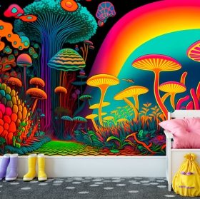 Carta da parati illustrazione della giovent&ugrave; funghi colori al neon in stile psichedelico