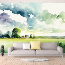 Carta da parati o murale pittura ad acquerello paesaggio campo e casa