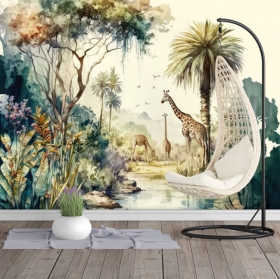 Carta da parati o murale giungla safari avventura giraffa palme uccelli fiume