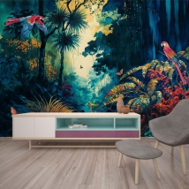 Carta da parati o murale acquerello giungla tropicale disegno con are e farfalle