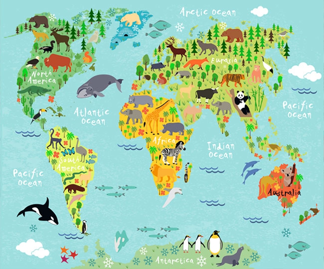 🥇 Carta da parati mappa del mondo per bambini con disegni di animali e  alberi per regione 🥇