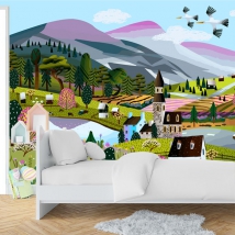 Carta da parati o murale illustrazione per bambini villaggio in mezzo alla natura