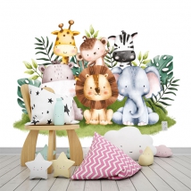 Carta da parati o murale disegno per bambini acquerello animali giraffa tigre ippopotamo zebra tigre