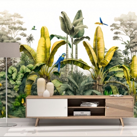 Carta da parati illustrazione della giungla tropicale con farfalle e palme