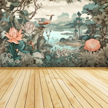 Carta da parati disegno vintage gru lago piante e fiori