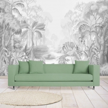 Carta da parati o murale che disegna piante della giungla tropicale palme in grigio