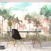Carta da parati o murale disegno giungla tropicale con piante e palme