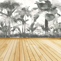 Carta da parati o disegno murale foresta tropicale con ara e palme