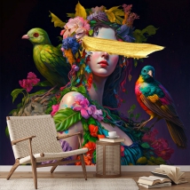 Carta da parati pittura murale donna con uccelli e fiori tropicali