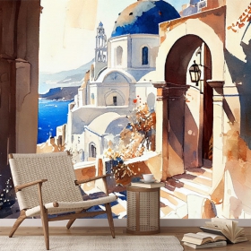 Carta da parati disegno acquerello paesaggio isola grecia mediterranea
