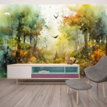 Fotomurale o carta da parati disegno acquerello paesaggio forestale in autunno con uccelli effetto sfocato