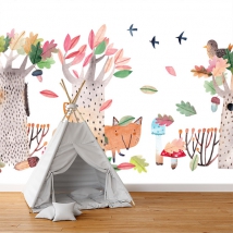 Carta da parati disegno acquerello per bambini di foresta e animali