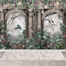 Carta da parati rovine nella giungla con are uccelli piante e fiori
