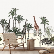 Carta da parati o murale disegno di un paesaggio africano con palme, ghepardi, giraffe e zebre