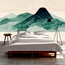 Carta da parati acquerello montagne illustrazione con texture toni verdi