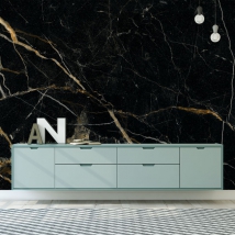 Carta da parati marmo nero con decorazione elegante trama dorata