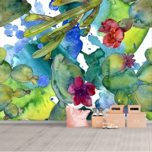 Carta da parati o murale disegno ad acquerello fiori e moderno catus giovanile