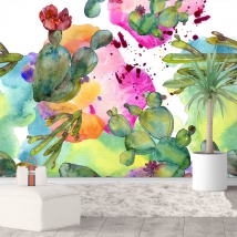 Carta da parati o fotomurale illustrazione ad acquerello fiori e catus moderno