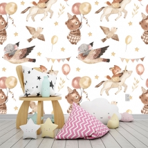 Carta da parati o murale che disegna animali per bambini unicorni e uccelli