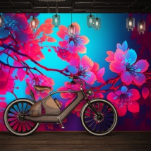 Carta da parati o fotomurale che disegna fiori nei toni giovanili del blu neon e del magenta