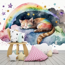 Carta da parati gatto magico che disegna in cielo con stelle e arcobaleno