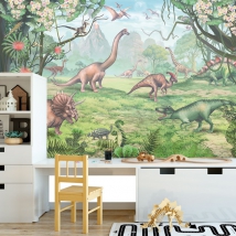 Carta da parati o murale illustrazione di dinosauri nella foresta per bambini e giovani