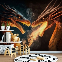 Carta da parati o illustrazione murale coppia maestosi draghi luce dorata